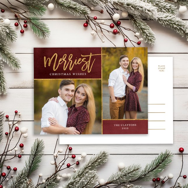 Merriest Faux Gold Foil 2 Photo Holiday Postcard (Creator Uploaded)