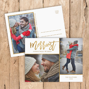 Merriest Faux Gold Foil 3 Photo Holiday Postcard