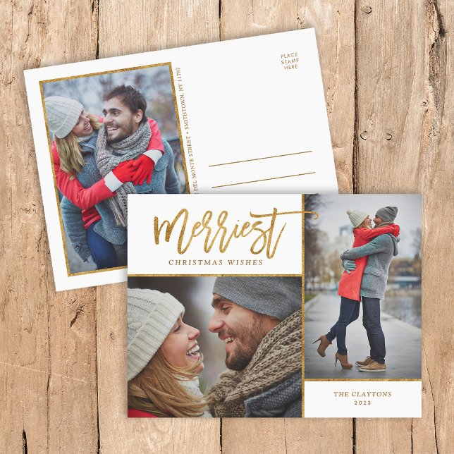 Merriest Faux Gold Foil 3 Photo Holiday Postcard (Creator Uploaded)
