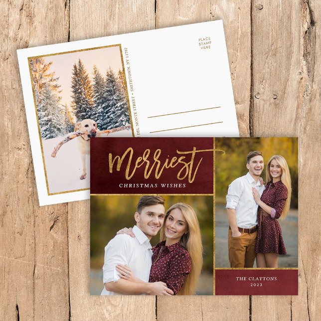 Merriest Faux Gold Foil 3 Photo Holiday Postcard (Creator Uploaded)