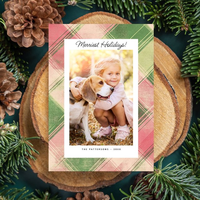 Merriest Holiday Photo Festive Pink Green Plaid Postcard (Creator Uploaded)