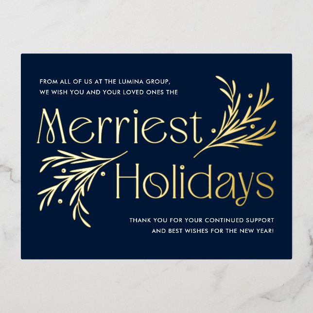 Merriest Holidays FOIL Business Holiday Postcard (Front)