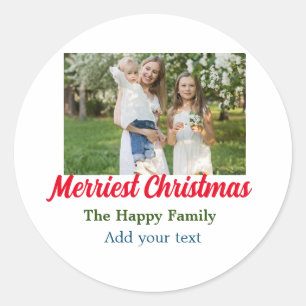 Merriest joyful christmas holiday add family name classic round sticker