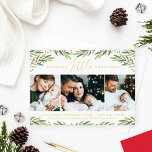 Merriest Little Christmas Photo Collage with Gold<br><div class="desc">Elegant "Merriest Little Christmas" birth announcement holiday card includes a collage of three photo spaces and custom real gold foil text that can be personalised to announce the arrival of your new baby boy or girl. Includes a white background with green watercolor painted greenery sprigs and red berries. This design...</div>