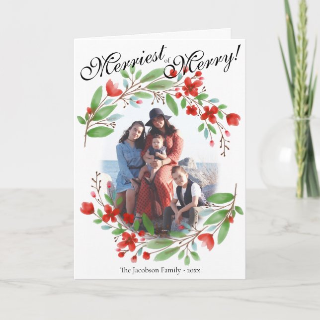 Merriest of Merry Watercolor Floral Photo Holiday Card (Front)