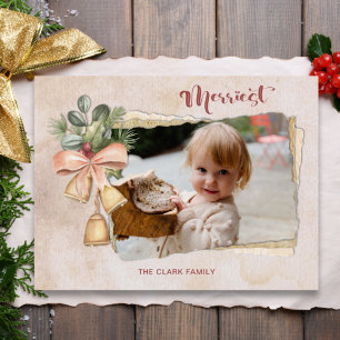 Merriest Script & Flowers/Torn Antique Paper Photo Holiday Postcard