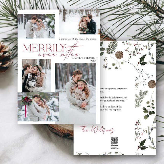 Merrily Ever After 5 Photo Newlywed  Holiday Card (Easily add your photos and deets to personalize this beautiful holiday wedding announcement)