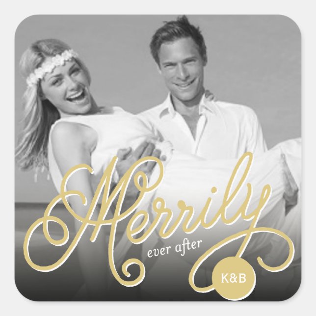 Merrily Ever After Gold Curly Script Photo Wedding Square Sticker (Front)