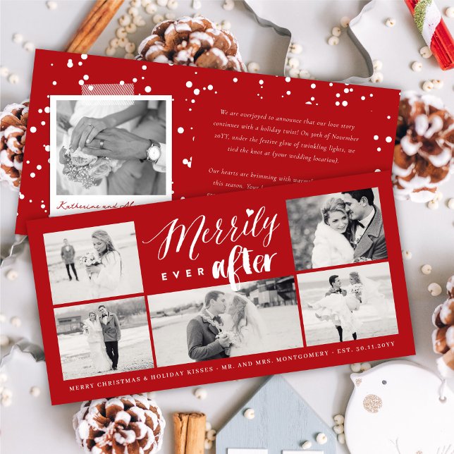Merrily Ever After Mix Typography Wedding 4 Photo Holiday Card (Creator Uploaded)