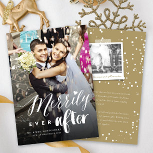 Merrily Ever After Mix Typography Wedding Photo Holiday Card