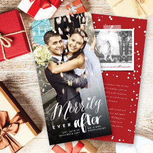 Merrily Ever After Mix Typography Wedding Photo Holiday Card