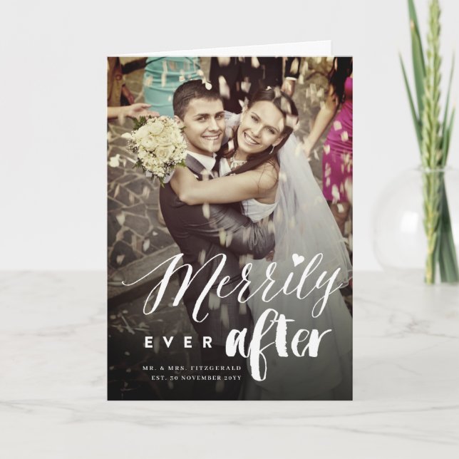 Merrily Ever After Mix Typography Wedding Photo Holiday Card (Front)