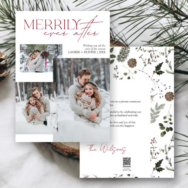 Merrily Ever After Newlywed 3 Photo Holiday Card (Easily add your photos and deets to personalize this beautiful holiday wedding announcement)