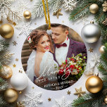 Merrily Ever After Newlywed Christmas Ceramic Tree Decoration<br><div class="desc">Personalised holiday photo ornament for newlyweds features a favourite wedding photo on each side,  with "Merrily Ever After" overlaid in white calligraphy. Customise with your names and wedding date.</div>