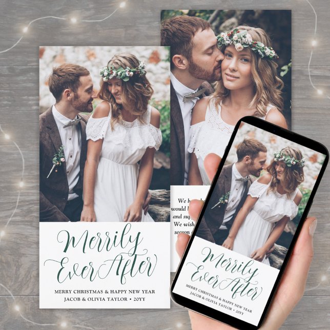 Merrily Ever After Newlyweds 2 Photo Elegant Green Holiday Card (Creator Uploaded)