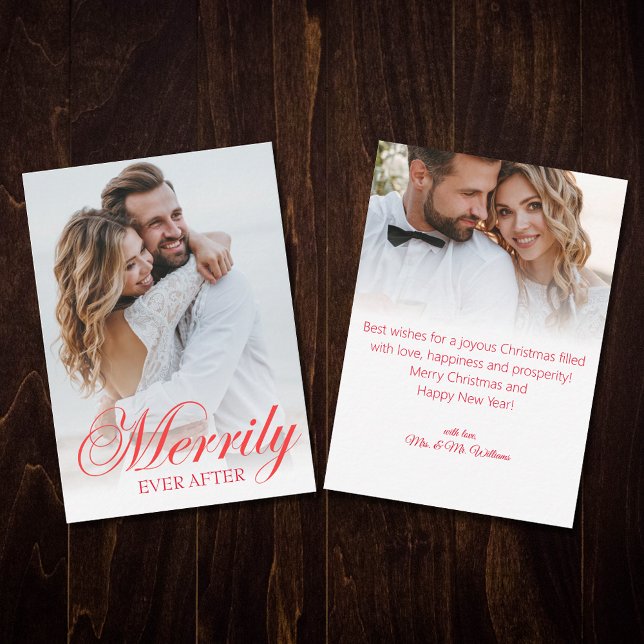merrily ever after, newlyweds 2 photos holiday red card (Creator Uploaded)