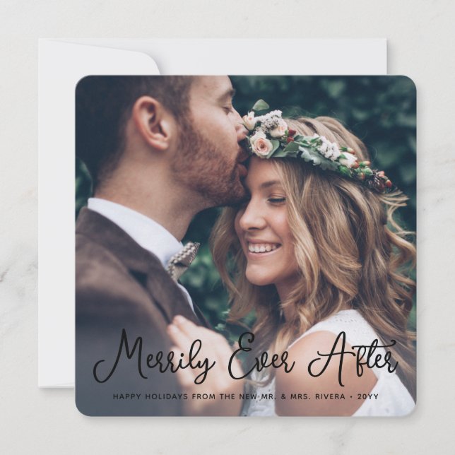 Merrily Ever After Newlyweds Christmas 2 Photo Holiday Card (Front)