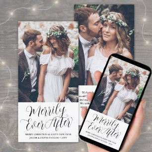 Merrily Ever After Newlyweds Photo Elegant Script Holiday Card