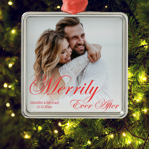 merrily ever after ,newlyweds photo red script metal tree decoration