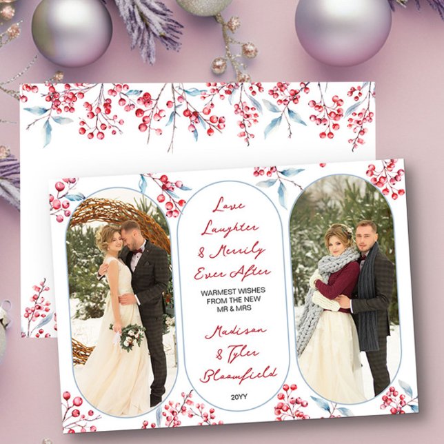 Merrily Ever After Red Berries Newlywed Photo Holiday Card (Merrily Ever After Christmas Photo Card by Darling & May)