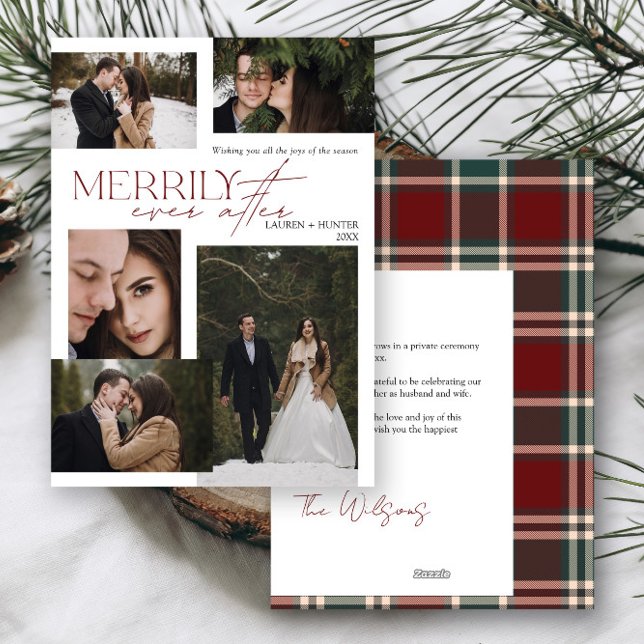 Merrily Ever After Red Green Tartan Plaid Newlywed Holiday Card (Creator Uploaded)