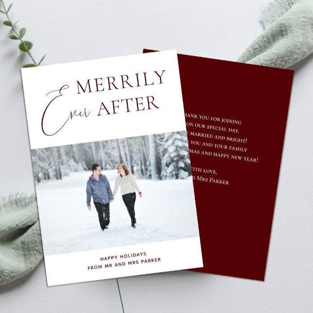 Merrily Ever After Red Script Christmas Photo Holiday Card (Creator Uploaded)