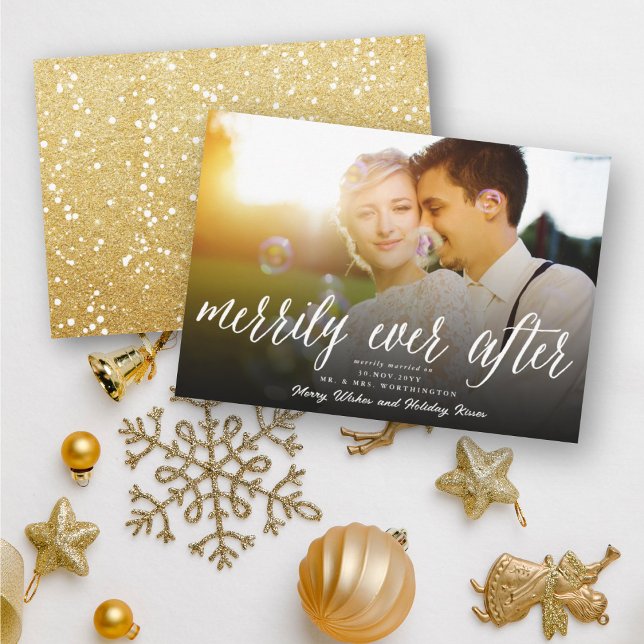 Merrily Ever After Script Christmas Photo Wedding Holiday Card (Creator Uploaded)