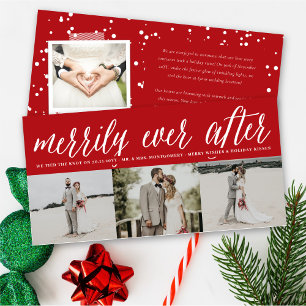 Merrily Ever After Simple Script 3 Photo Wedding Holiday Card