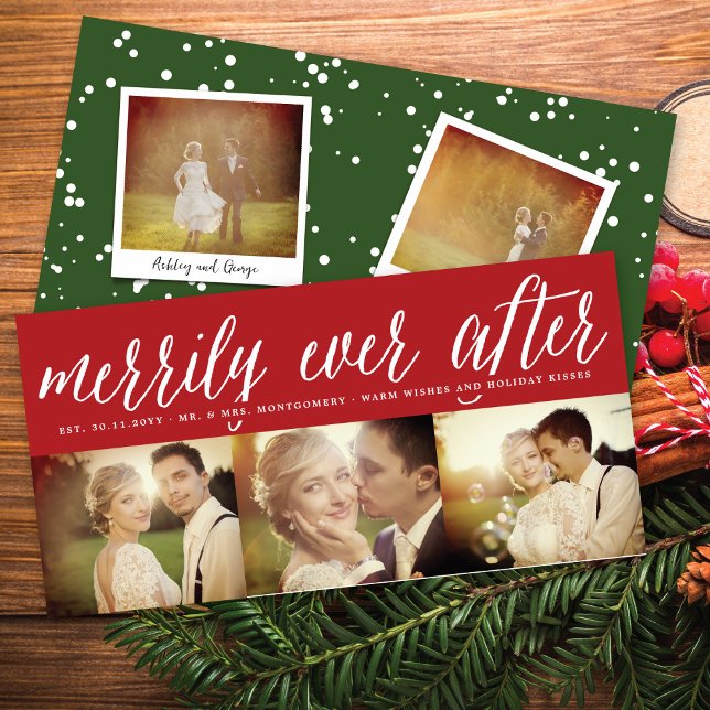 Merrily Ever After Simple Script 3 Photo Wedding Holiday Card (Creator Uploaded)