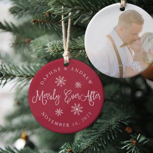 Merrily Ever After Wedding Photo Ceramic Tree Decoration