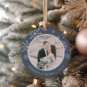 Merrily Ever After Wedding Photo Ceramic Tree Decoration