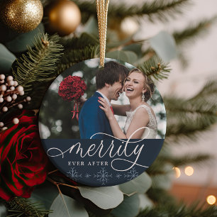 Merrily Ever After Wedding Photo Ceramic Tree Decoration