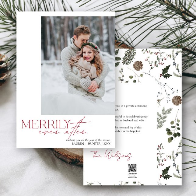 Merrily Ever After Wedding Photo Holiday Card (Easily add your photos and deets to personalize this beautiful holiday wedding announcement)