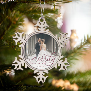 Merrily Ever After   Wedding Photo Snowflake Pewter Christmas Ornament