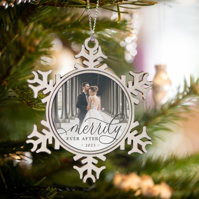Merrily Ever After | Wedding Photo Snowflake Pewter Christmas Ornament (Creator Uploaded)