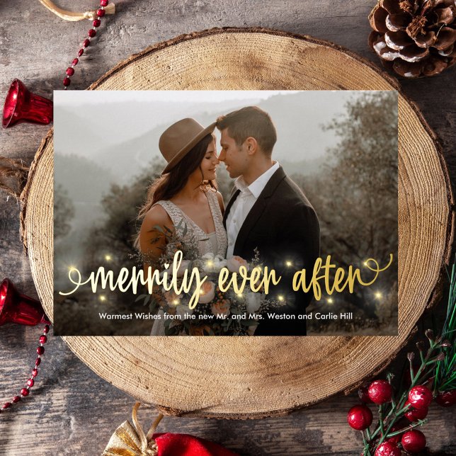 Merrily Lit Real Foil Just Married Holiday Card (Creator Uploaded)