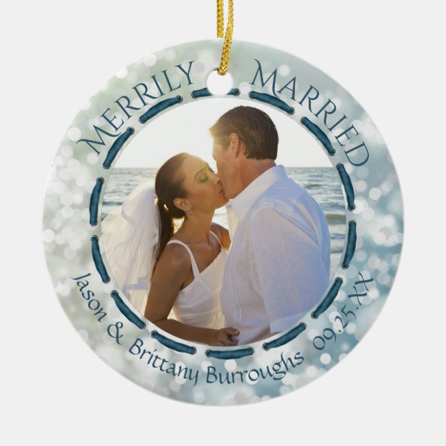Merrily Married 2 Photo Blue Teal Bokeh Cherish Ceramic Tree Decoration (Front)