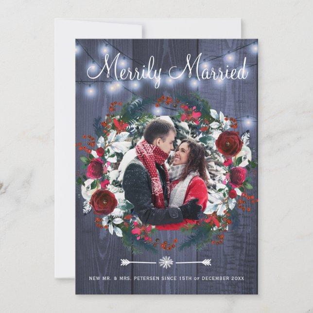 Merrily Married Christmas Couple Floral photo Holiday Card (Front)