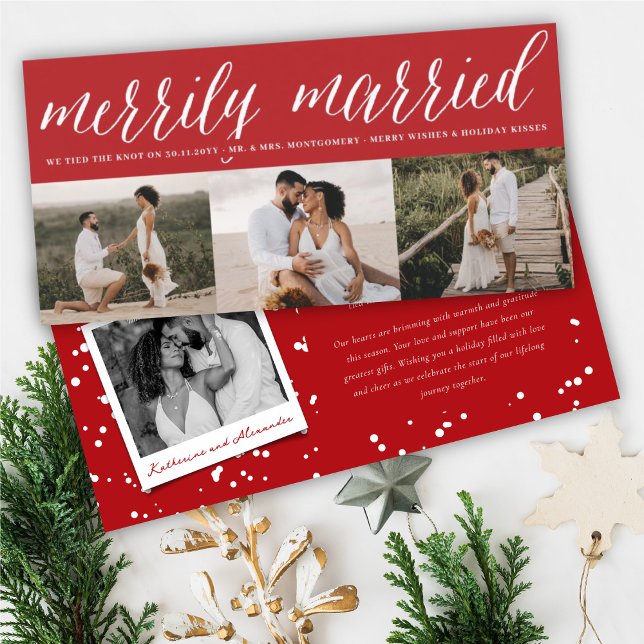 Merrily Married Mr And Mrs First Christmas 3 Photo Holiday Card (Creator Uploaded)