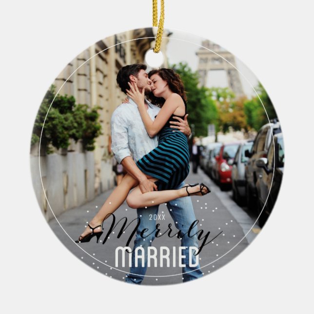 Merrily Married Mr. & Mrs. First Married Christmas Ceramic Tree Decoration (Front)