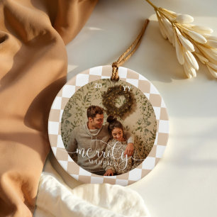 Merrily Married Retro Chequerboard Newlywed Photo Ceramic Tree Decoration