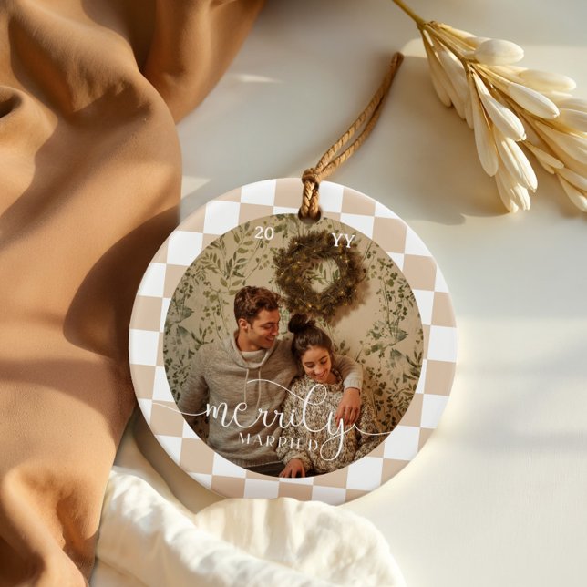 Merrily Married Retro Chequerboard Newlywed Photo Ceramic Tree Decoration (Merrily Married Retro Checkerboard Newlywed Photo Ceramic Ornament)