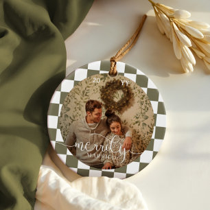 Merrily Married Retro Chequerboard Newlywed Photo Ceramic Tree Decoration