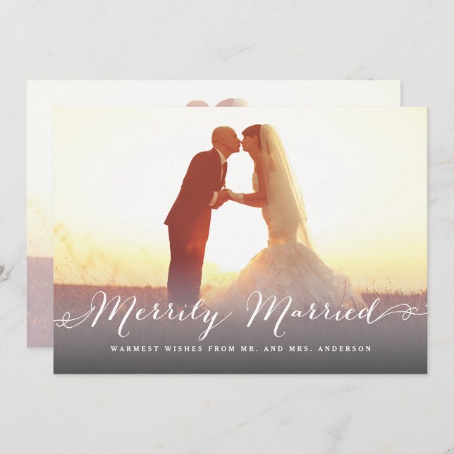 Merrily Married Script Christmas Holiday Photo Invitation (Front/Back)
