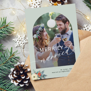 Merrily married simple minimalist 2 photos wedding holiday card