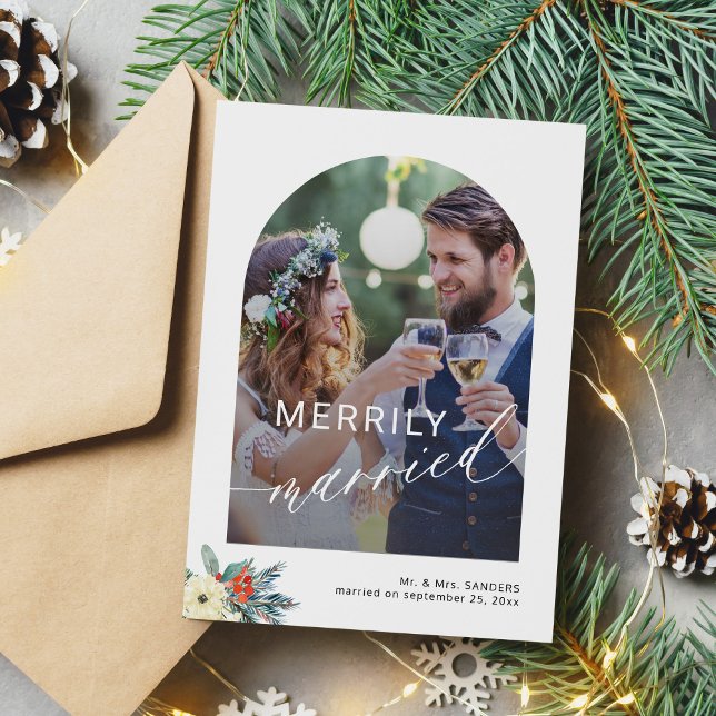 Merrily married simple minimalist 2 photos wedding holiday card (Creator Uploaded)