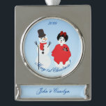 Merry 1st Christmas Couple Snowman Woman Silver Plated Banner Ornament<br><div class="desc">Merry 1st Christmas Couple Snowman & Woman Christmas Ornament for couples,  newlyweds and engagements.  Snowman and woman drawing by Claudine Boerner with some accents released under CC0 license.</div>