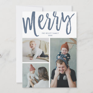 Merry, 3 Photo, Text/Photo on Back, Blue Holiday Card