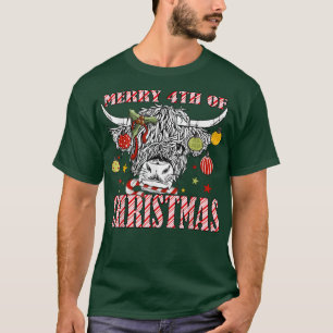 Merry 4th Of Christmas Longhorn Cow Candycane Xmas T-Shirt