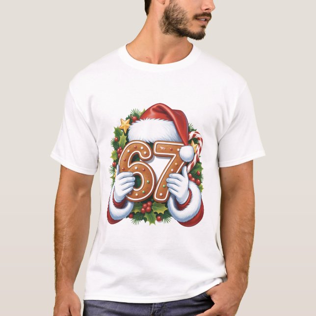 Merry 67th Birthday Gingerbread Christmas T-Shirt, T-Shirt (Front)